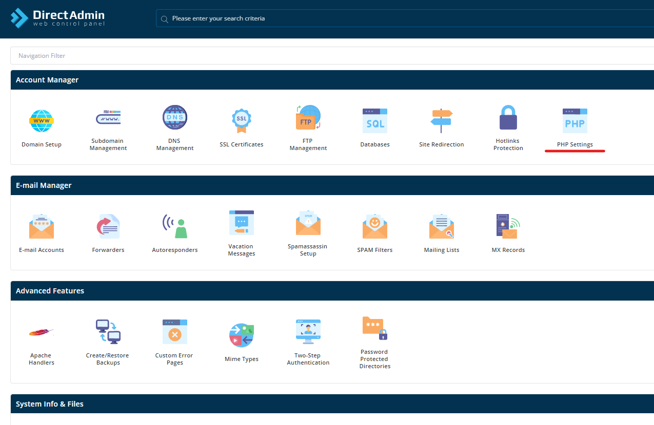 php settings in directadmin