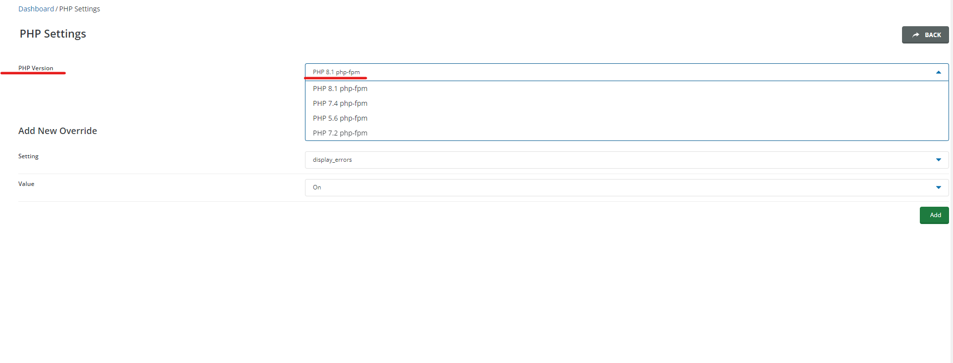 select php version in directadmin