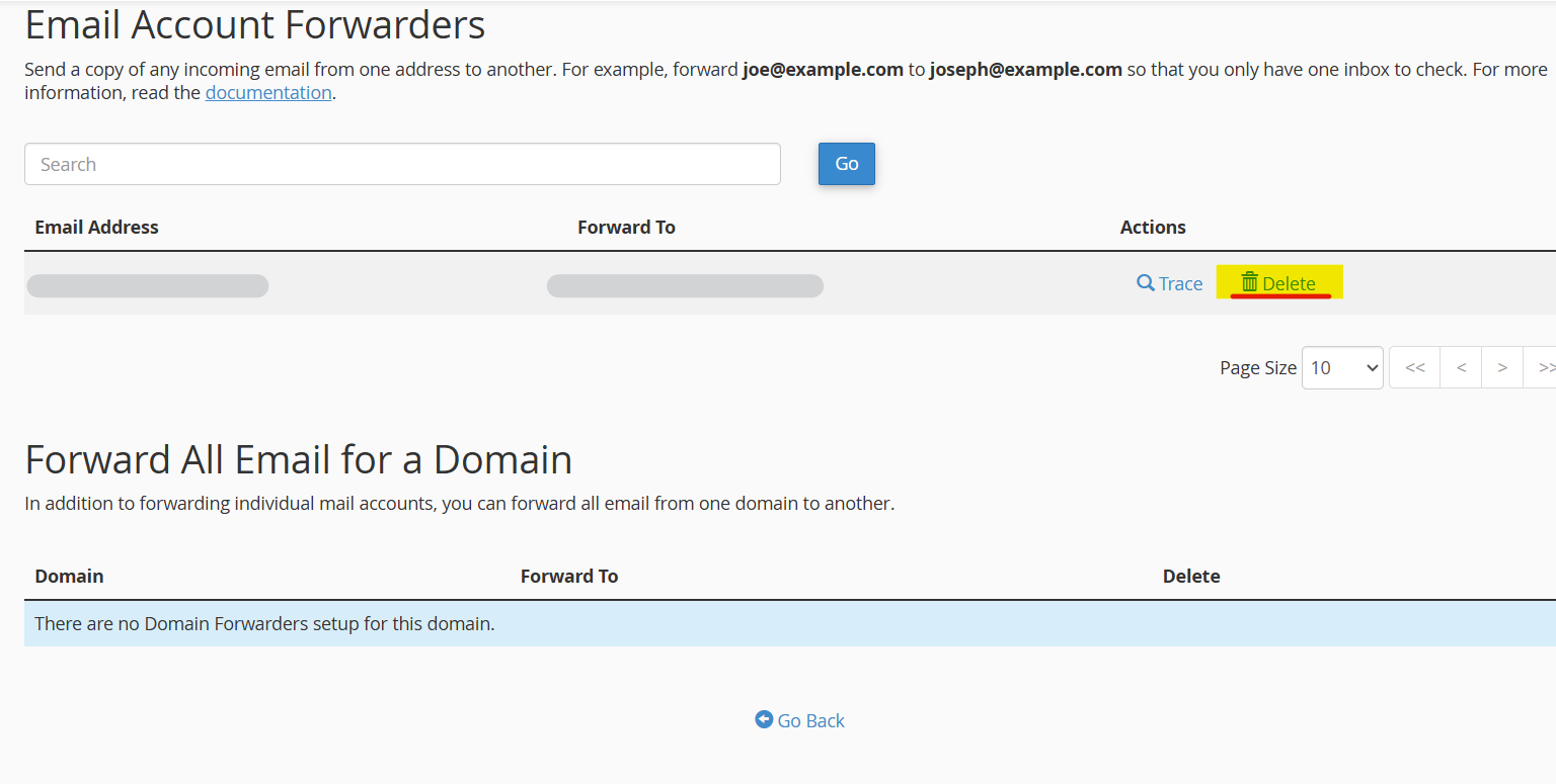 delete the email forwarder